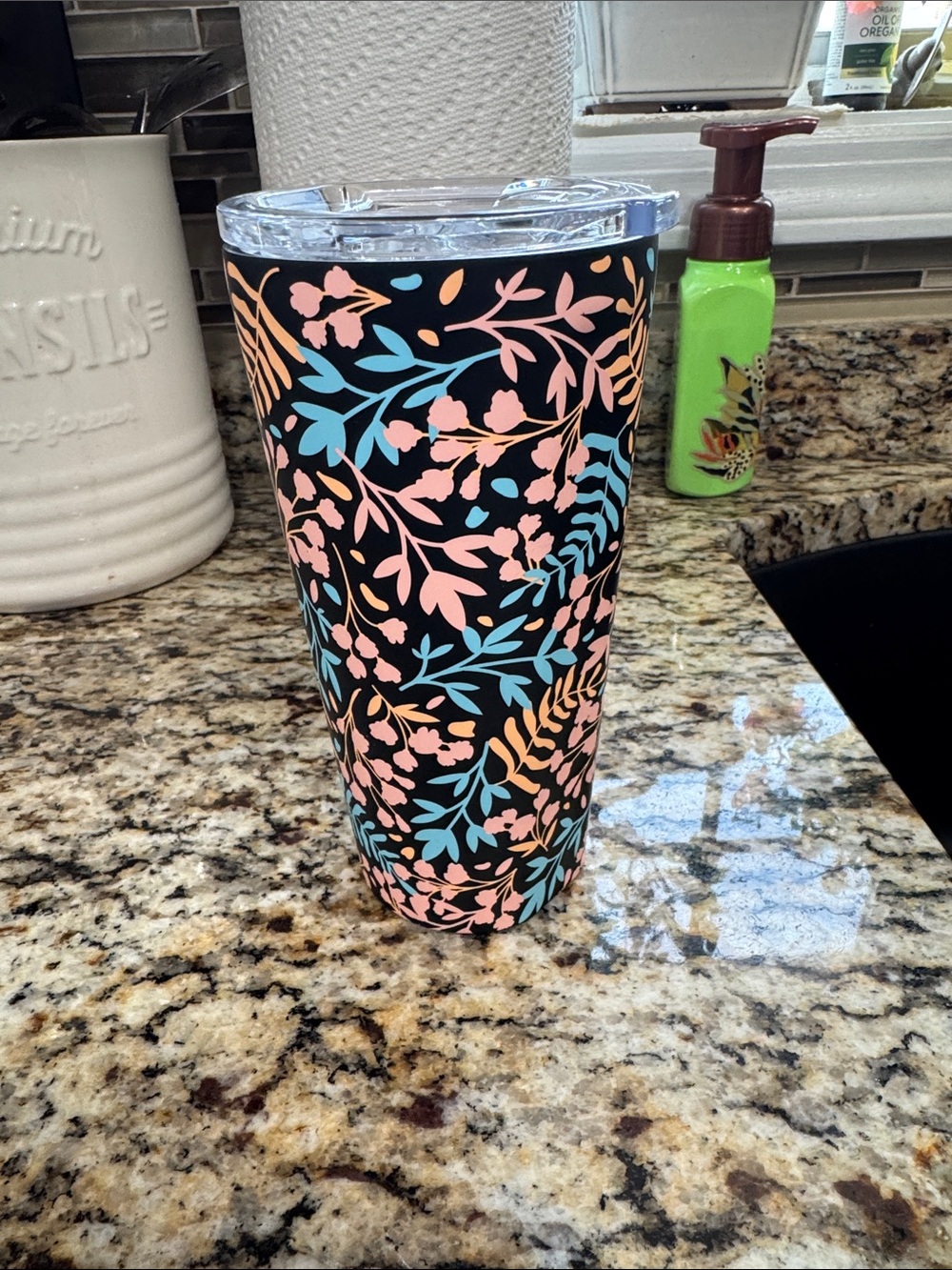 Corkcicle Black Tumbler with Pink and Blue Floral Vines